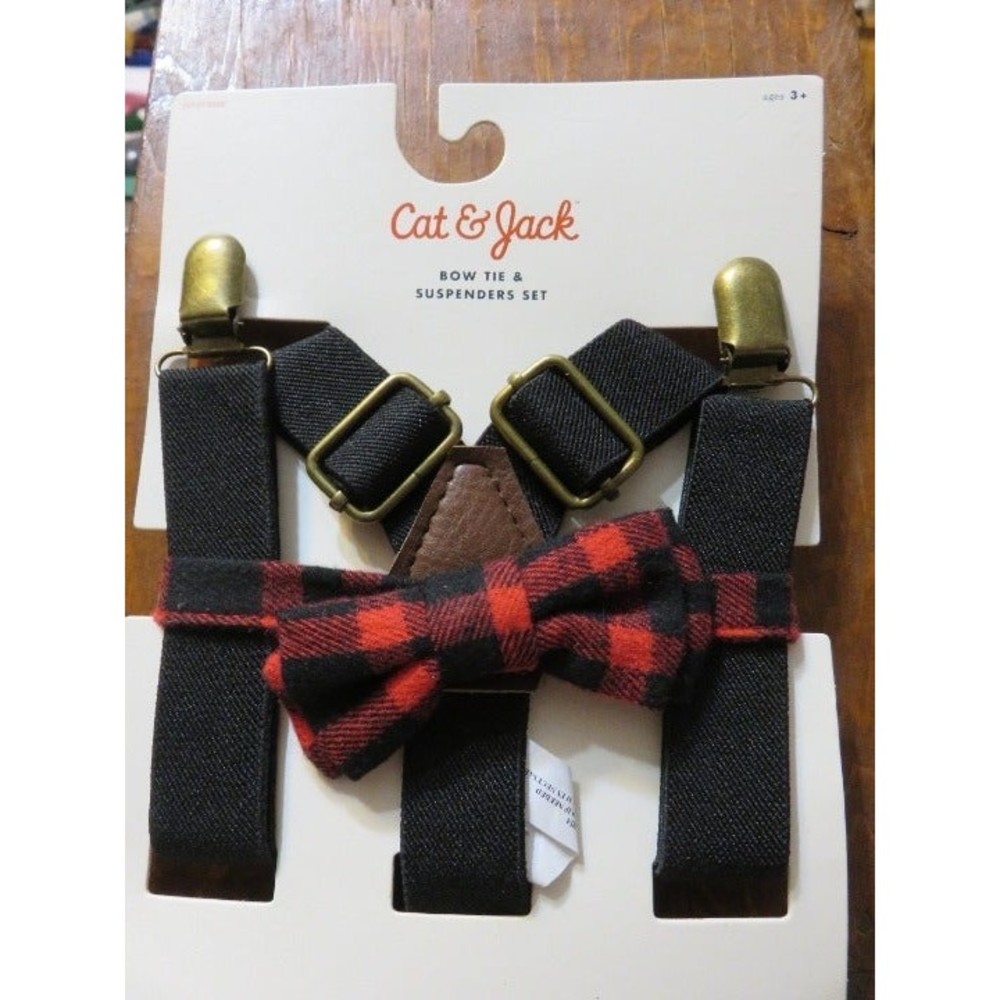 Toddler Boys Suspenders with Red & Black Buffalo Plaid Bow Tie set - new
